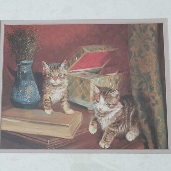 Vintage Fancy Kittens Framed Print 15.5" x 17.5" Victorian Cats Wall Art - Picture 1 of 7